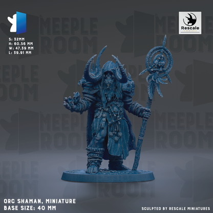 The image is a detailed miniature of an armored warrior figure, specifically an orc shaman, with a large staff and various weapons. The base size of the figure is 40mm.