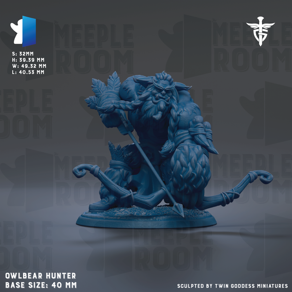 The image is a 3D rendering of a blue figurine of a bear-like creature, possibly a mythical or fantasy character, with a bow and arrow. The figurine is sitting on a base and appears to be a hunting or warrior figure. The image is described as a "Meeple Room" and is labeled as a "Owbear Hunter" with a base size of 40mm. It is also described as being "sculpted by Twin Goddess miniatures".