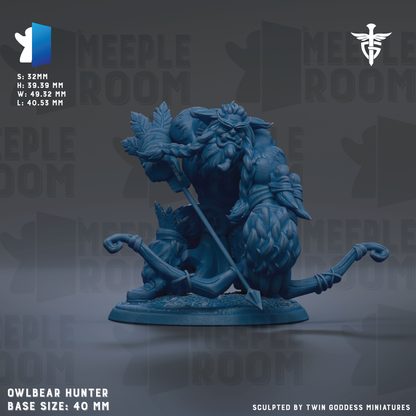 The image is a 3D rendering of a blue figurine of a bear-like creature, possibly a mythical or fantasy character, with a bow and arrow. The figurine is sitting on a base and appears to be a hunting or warrior figure. The image is described as a "Meeple Room" and is labeled as a "Owbear Hunter" with a base size of 40mm. It is also described as being "sculpted by Twin Goddess miniatures".