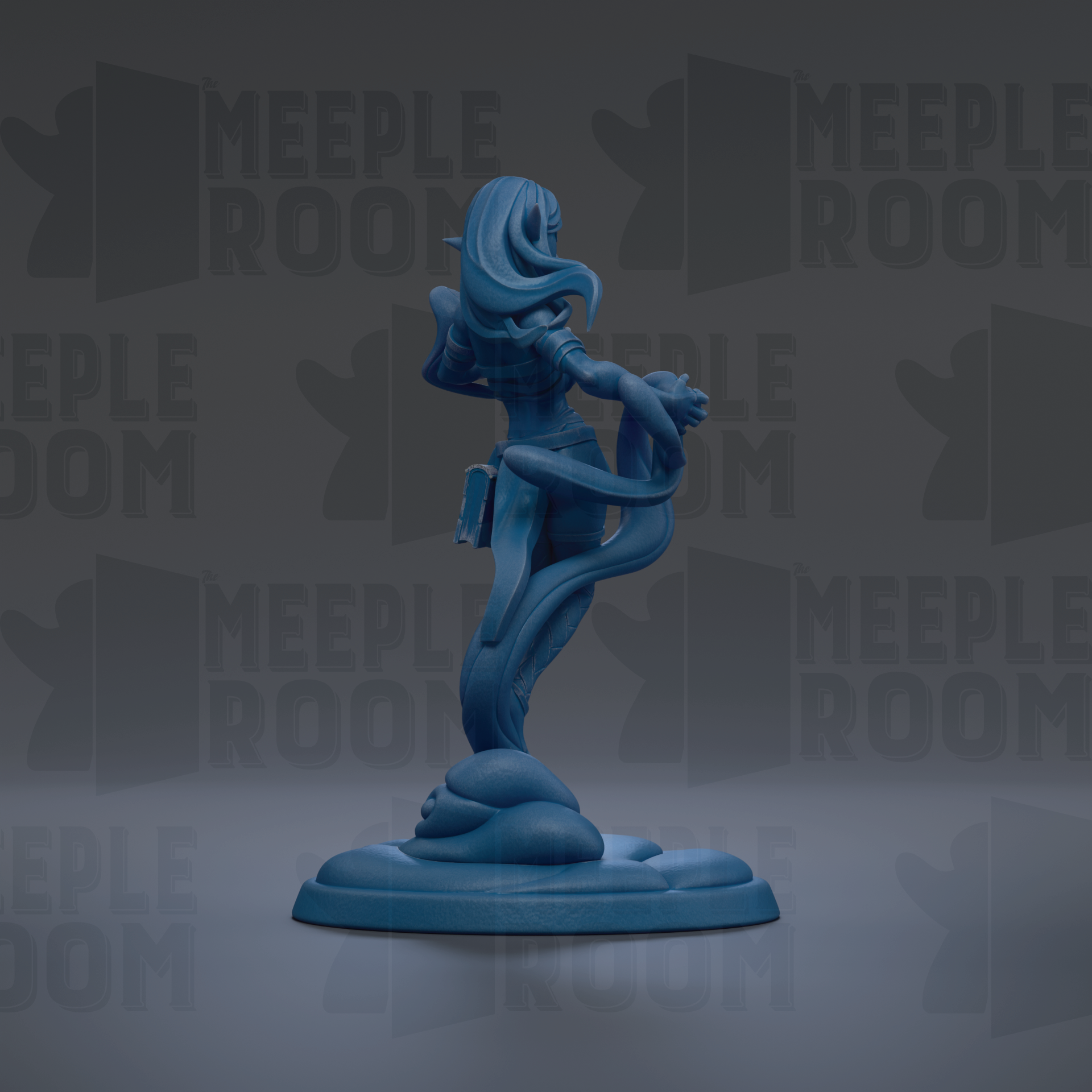 A blue figurine of a woman with long hair and a flowing skirt, standing on a base and holding a snake.