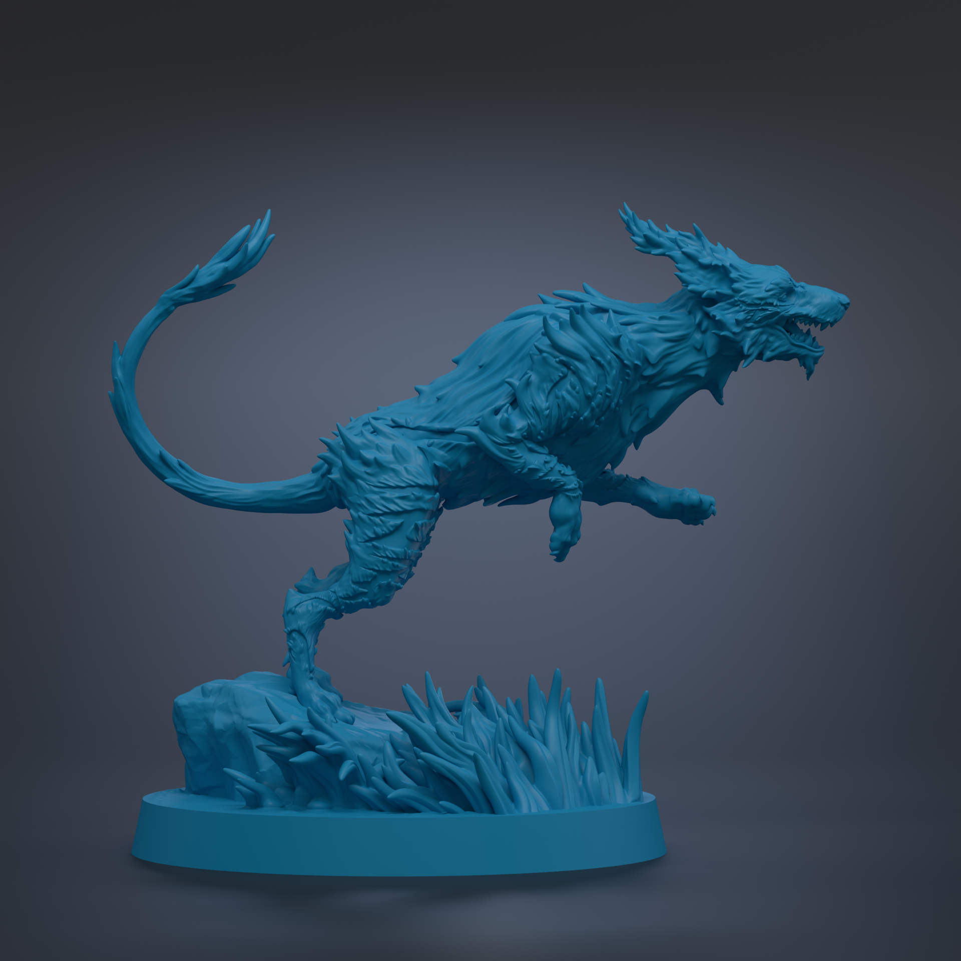 A 3D rendering of a blue, fantastical creature with sharp teeth and claws, standing on a rock formation with spikes protruding from it.