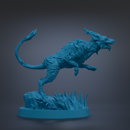 A 3D rendering of a blue, fantastical creature with sharp teeth and claws, standing on a rock formation with spikes protruding from it.