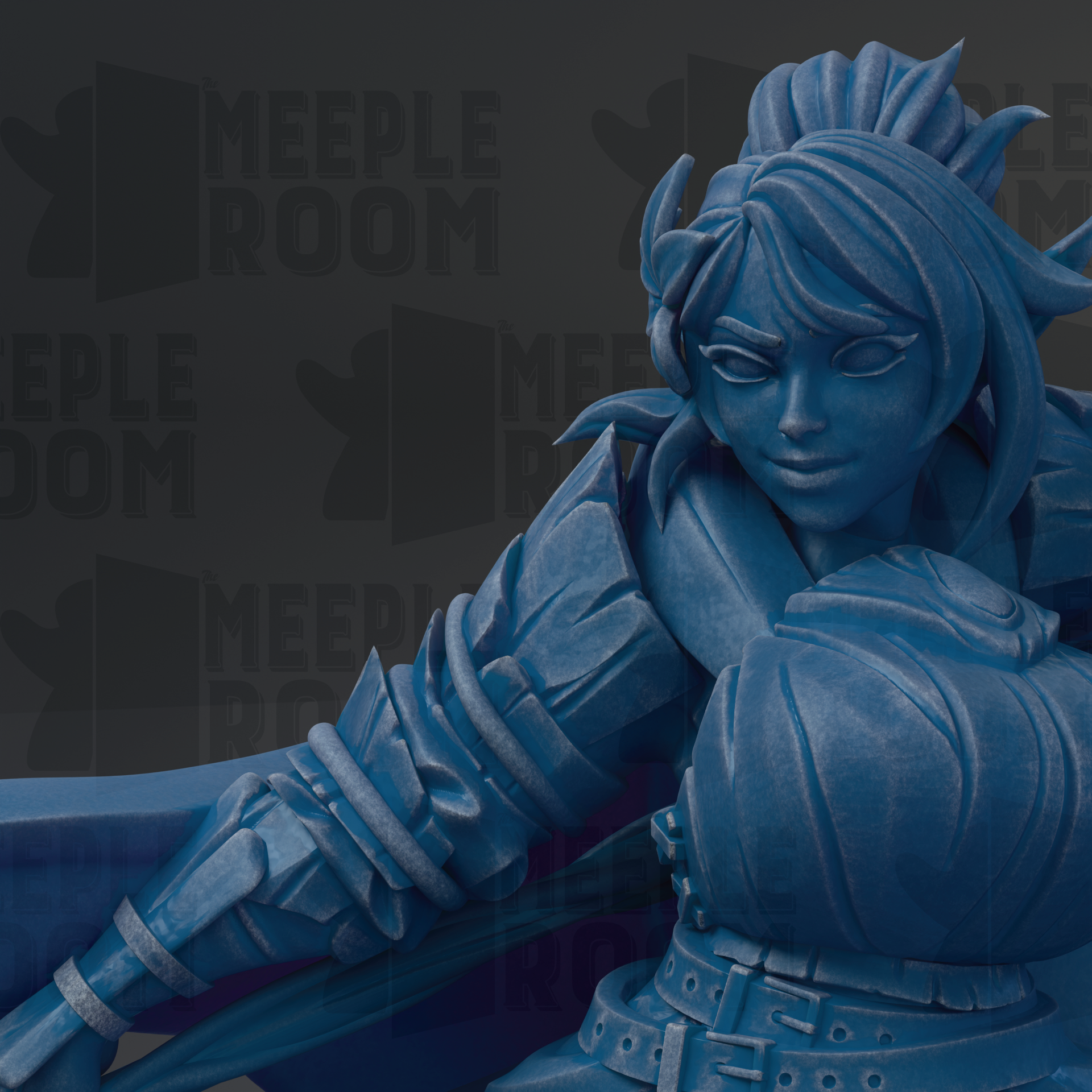 A close-up of a blue, 3D-rendered female character with intricate armor and a flowing hairstyle, set against a dark background with repeated text.