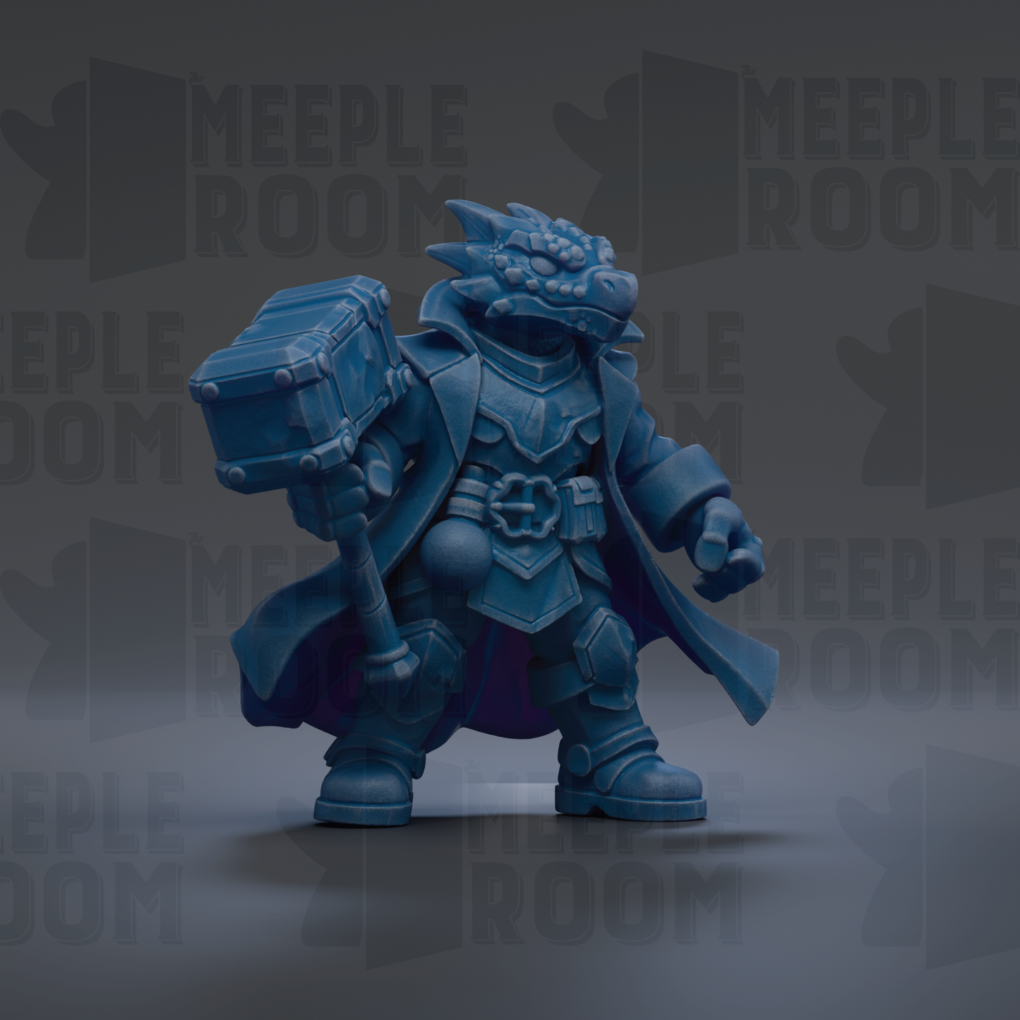 A blue dragon-like creature holding a large hammer, standing against a dark background with repeated text.