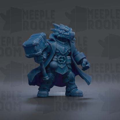 A blue dragon-like creature holding a large hammer, standing against a dark background with repeated text.