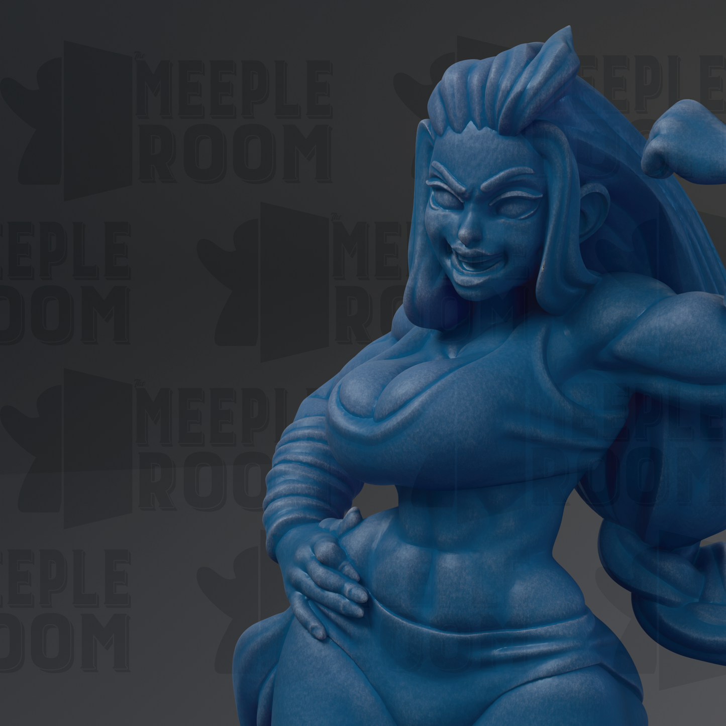 A blue, cartoonish statue of a woman with a fierce expression, standing in front of a repeating pattern of the word "MEEPLE ROOM".