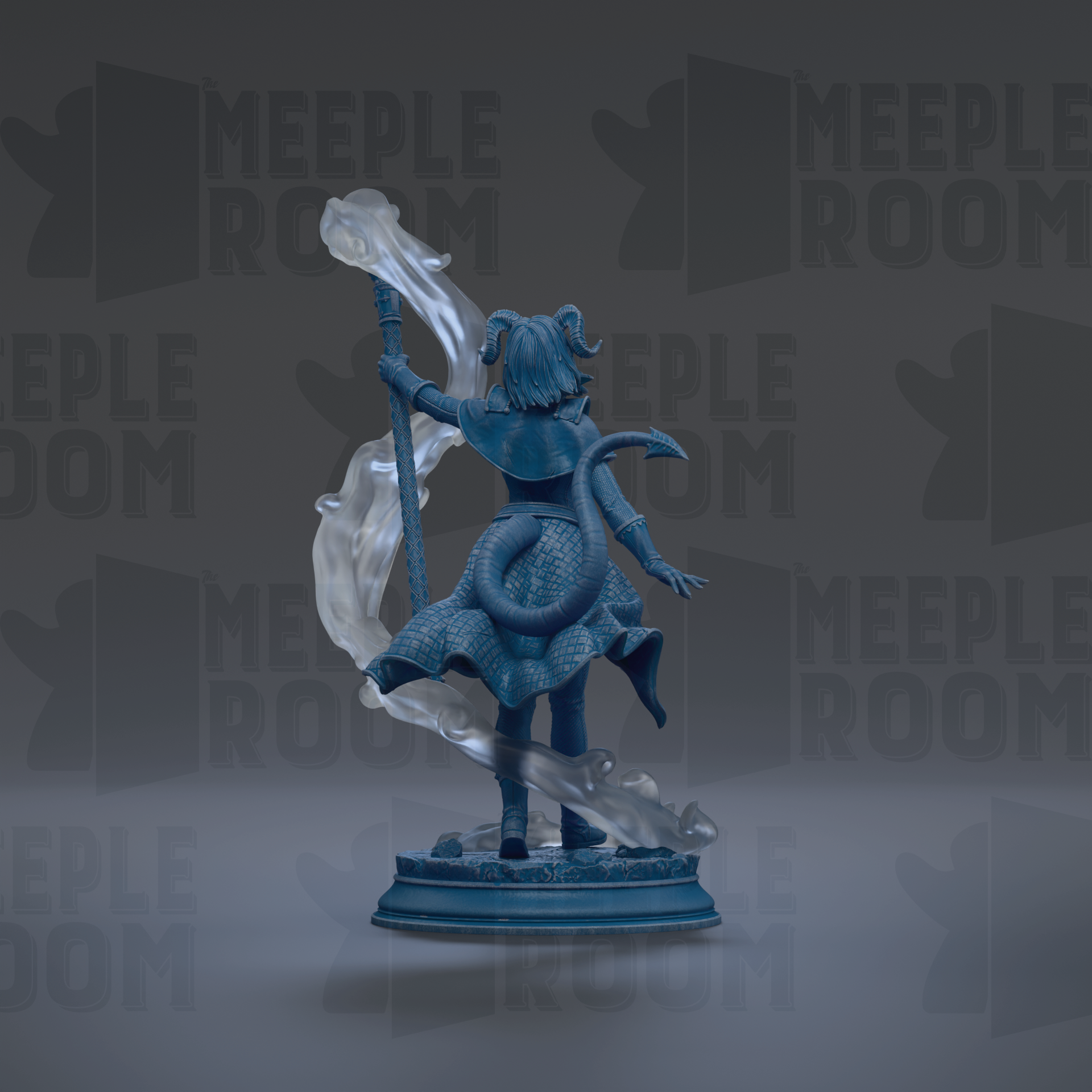 A 3D rendering of a blue statue of a figure holding a staff and surrounded by smoke or mist.