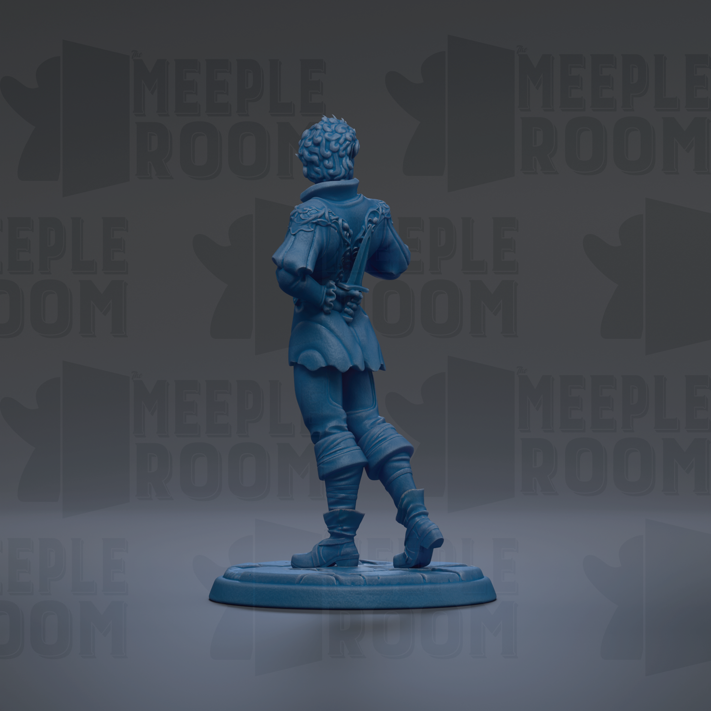 A blue figurine of a person standing on a platform against a dark background with repeated text.