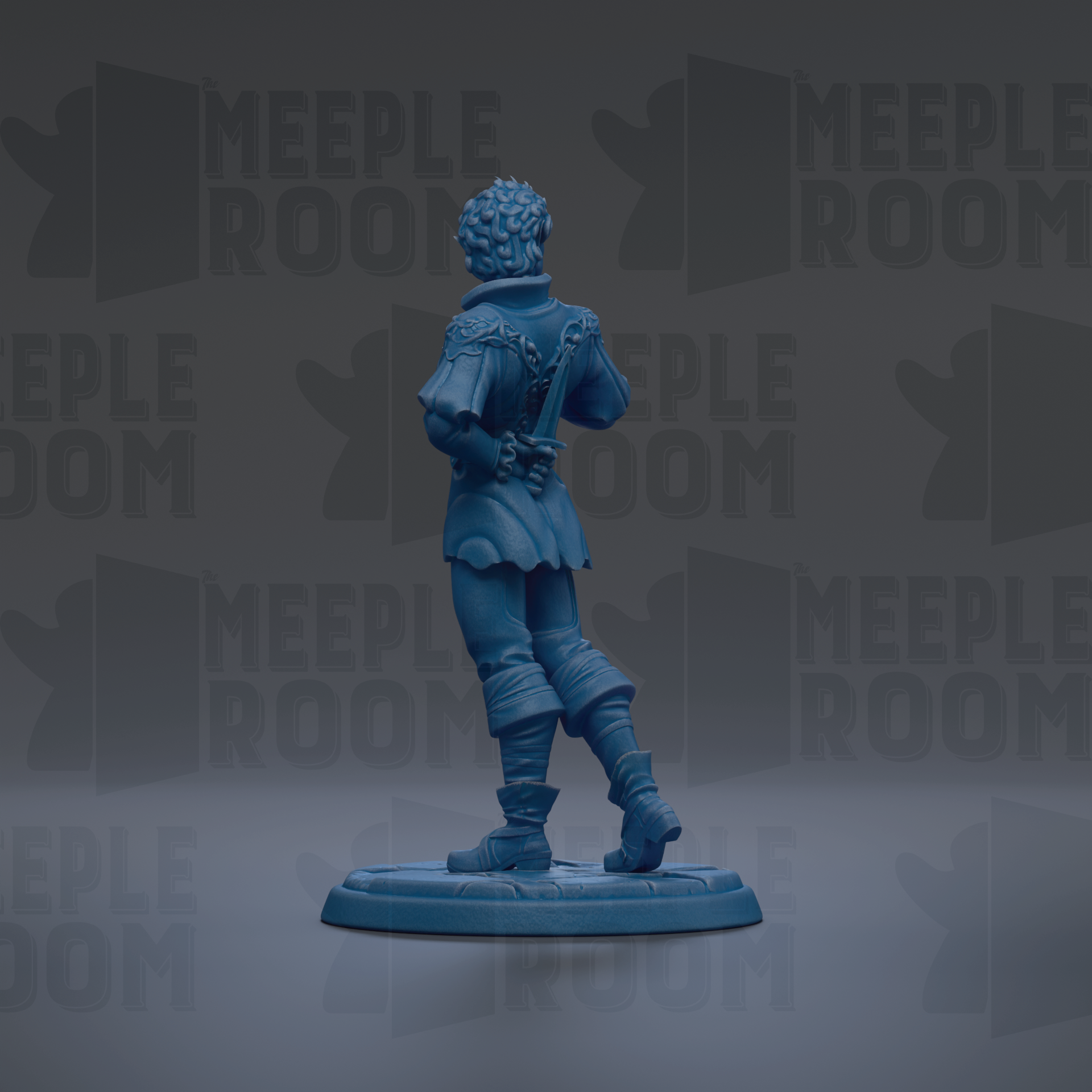 A blue figurine of a person standing on a platform against a dark background with repeated text.