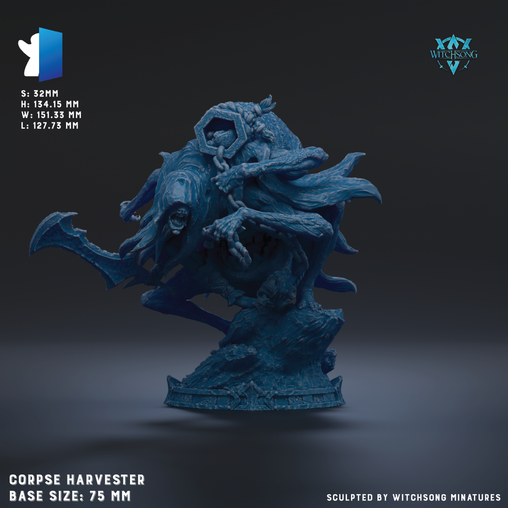 The image is a 3D rendering of a large, blue, fantastical creature resembling a harvester or monster. The creature has a long, curved body and is holding a weapon in its hands. The creature is set against a dark background, which emphasizes its size and details. The image is described as a "CORPSE HARVESTER" and is shown in a base size of 75 mm. It is sculpted by Witchesong Miniatures.