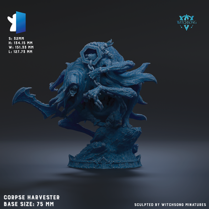 The image is a 3D rendering of a large, blue, fantastical creature resembling a harvester or monster. The creature has a long, curved body and is holding a weapon in its hands. The creature is set against a dark background, which emphasizes its size and details. The image is described as a "CORPSE HARVESTER" and is shown in a base size of 75 mm. It is sculpted by Witchesong Miniatures.