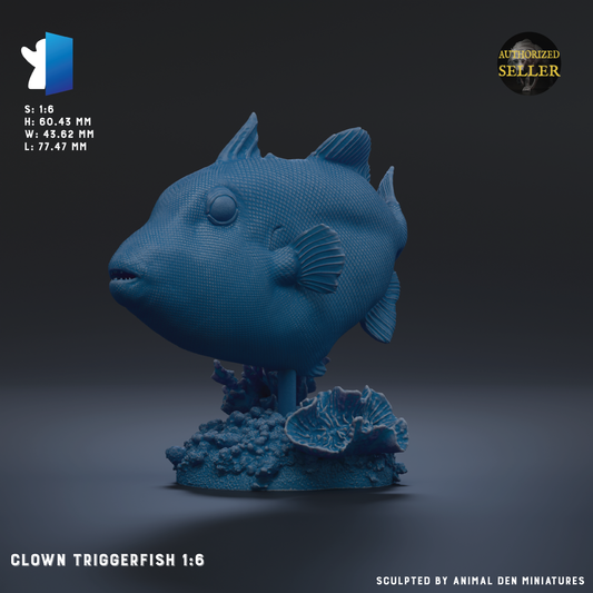 The image is a 3D rendering of a clown triggerfish, which is a type of fish known for its unique appearance and behavior. The triggerfish is depicted in a blue color, sitting on a coral base. The image is a digital representation of the triggerfish, and it is a 3D model, which means it is a three-dimensional image.