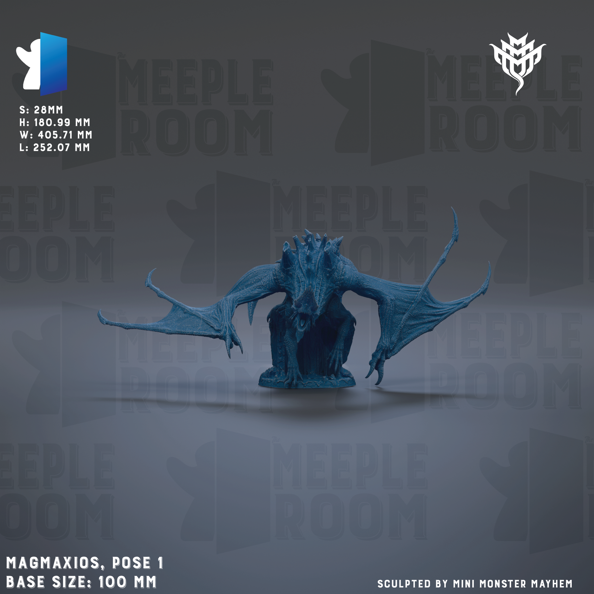 a blue creature with wings, possibly a dragon or a mythical creature, posed in a dynamic position. The creature is set against a dark background with the text "MEUPLE ROOM" repeated multiple times. The image is described as a "collage of multiple images" and is labeled as "base size: 100 mm". The image is credited to "Mini Monster Mayhem" and is described as "sculpted by Mini Monster Mayhem".