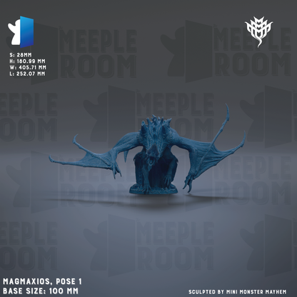 a blue creature with wings, possibly a dragon or a mythical creature, posed in a dynamic position. The creature is set against a dark background with the text "MEUPLE ROOM" repeated multiple times. The image is described as a "collage of multiple images" and is labeled as "base size: 100 mm". The image is credited to "Mini Monster Mayhem" and is described as "sculpted by Mini Monster Mayhem".