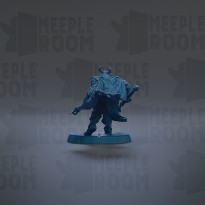A blue figurine of a person standing on a platform against a dark background with repeated text.