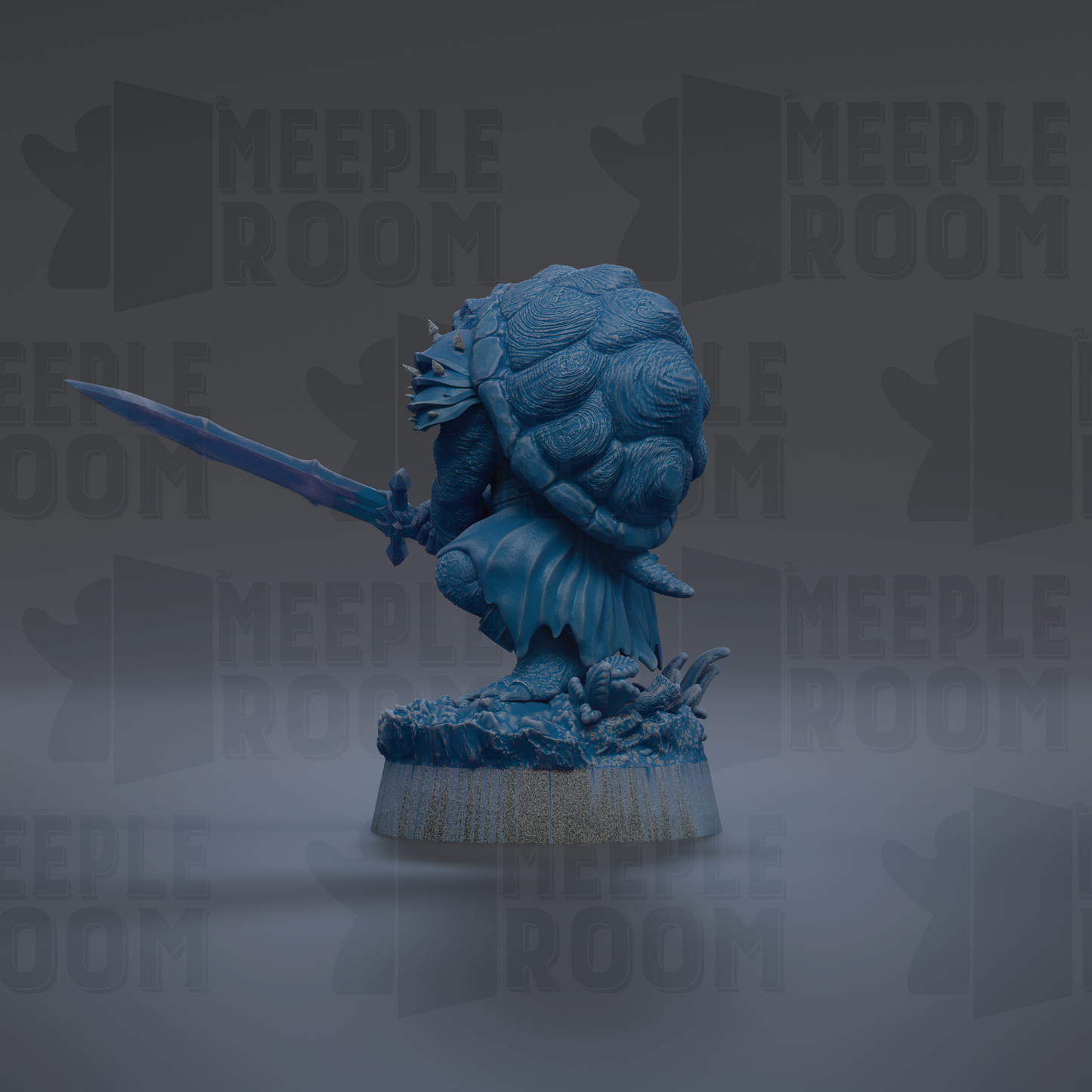 A blue statue of a warrior holding a sword, standing on a base with a textured surface.