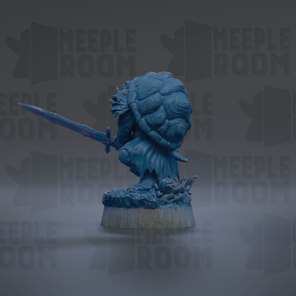A blue statue of a warrior holding a sword, standing on a base with a textured surface.