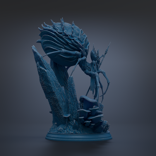 A 3D rendering of a fantastical creature, possibly a dragon or serpent, standing on a rock formation with mushrooms and other organic elements. The creature has a large head and long, curved body, giving it a majestic and imposing appearance.