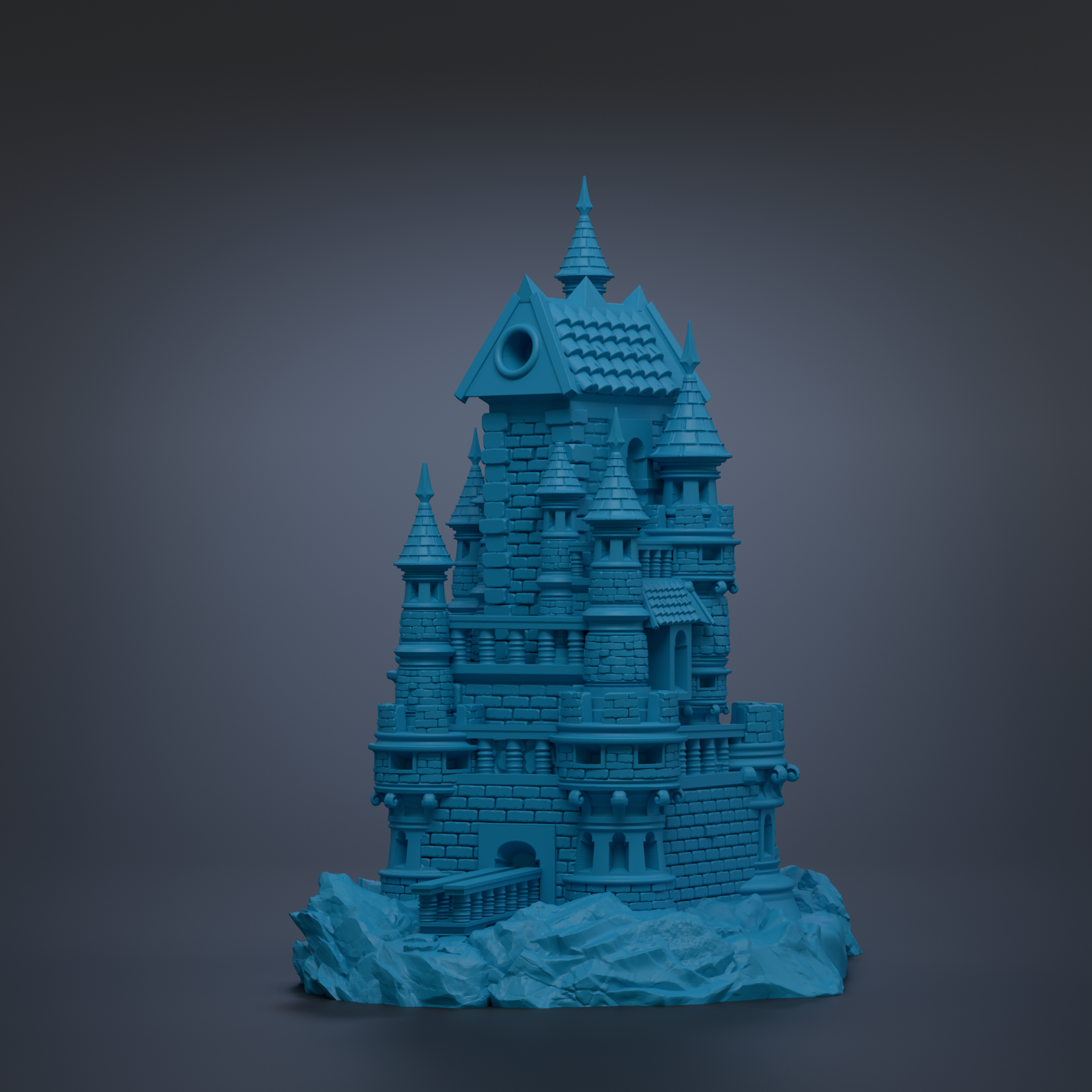 A 3D rendering of a castle-like structure with multiple towers and turrets, set against a dark background.
