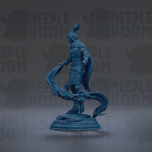 A blue statue of a warrior figure holding a spear and standing on a pedestal.