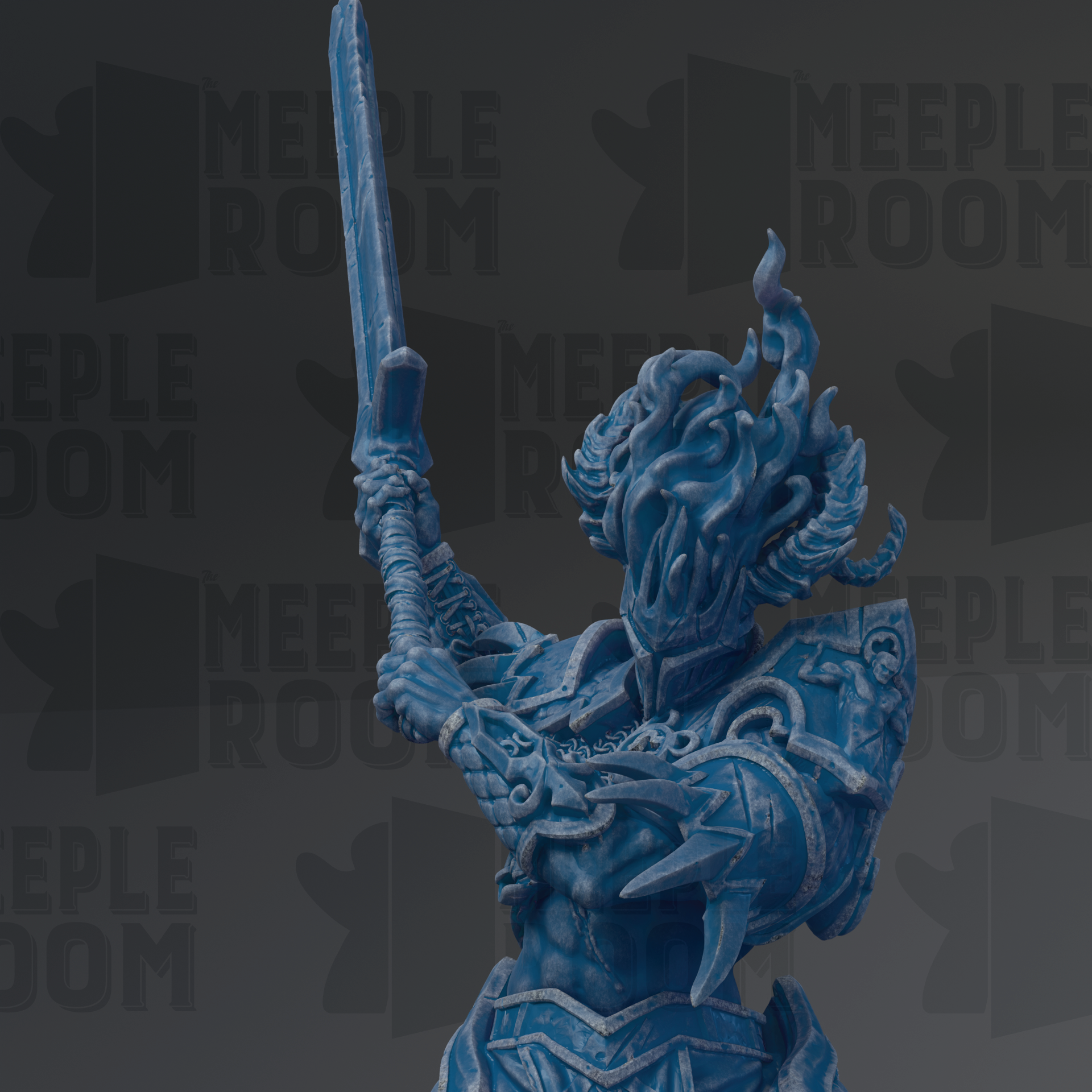 A blue, fantastical statue of a warrior figure holding a sword and shield, set against a dark background with repeated text.