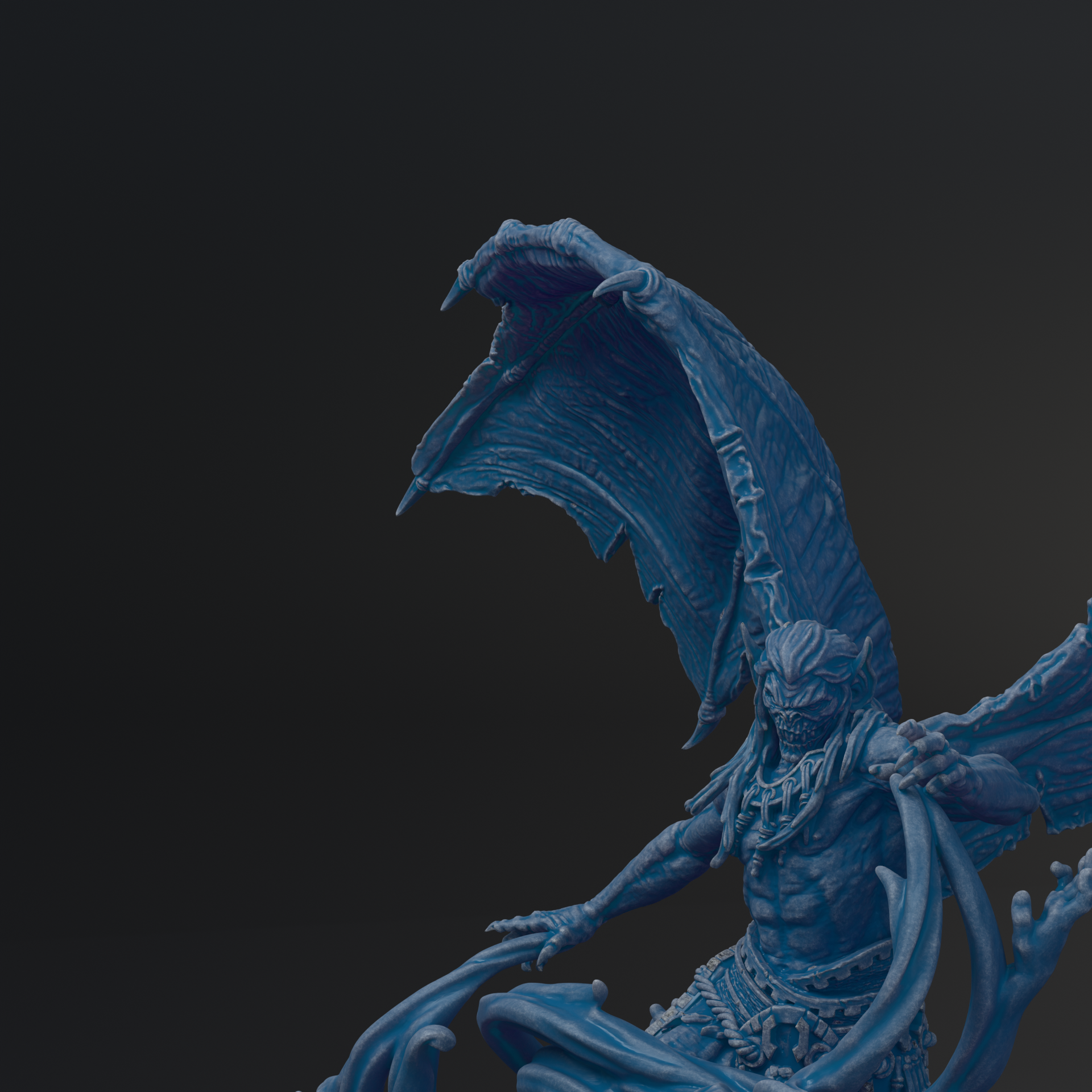 A dark blue, winged creature with sharp teeth and claws appears to be attacking or fighting against a dark background.