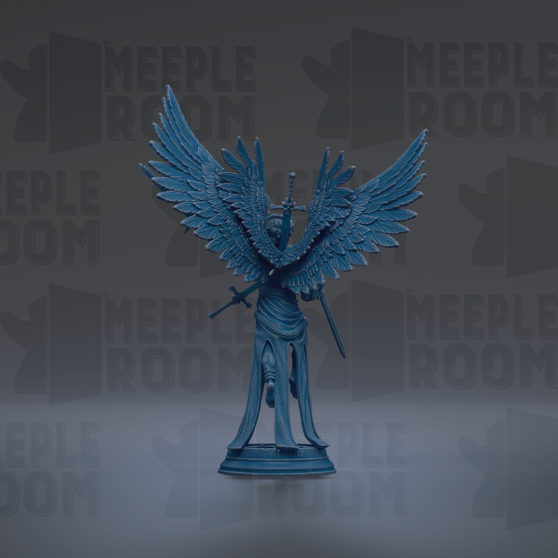A blue statue of a winged figure holding a sword and shield stands prominently against a dark background with repeated "MEIPLE ROOM" text.