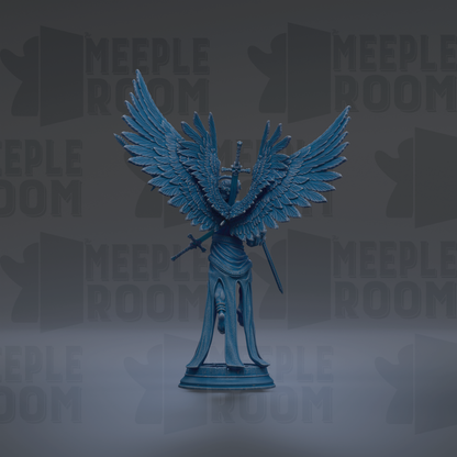 A blue statue of a winged figure holding a sword and shield stands prominently against a dark background with repeated "MEIPLE ROOM" text.