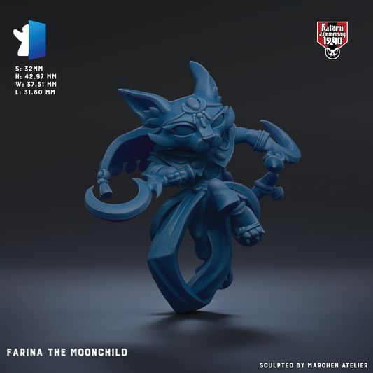 The image is a 3D rendering of a blue figurine of a character named Farina, the moonchild, with a dark background.