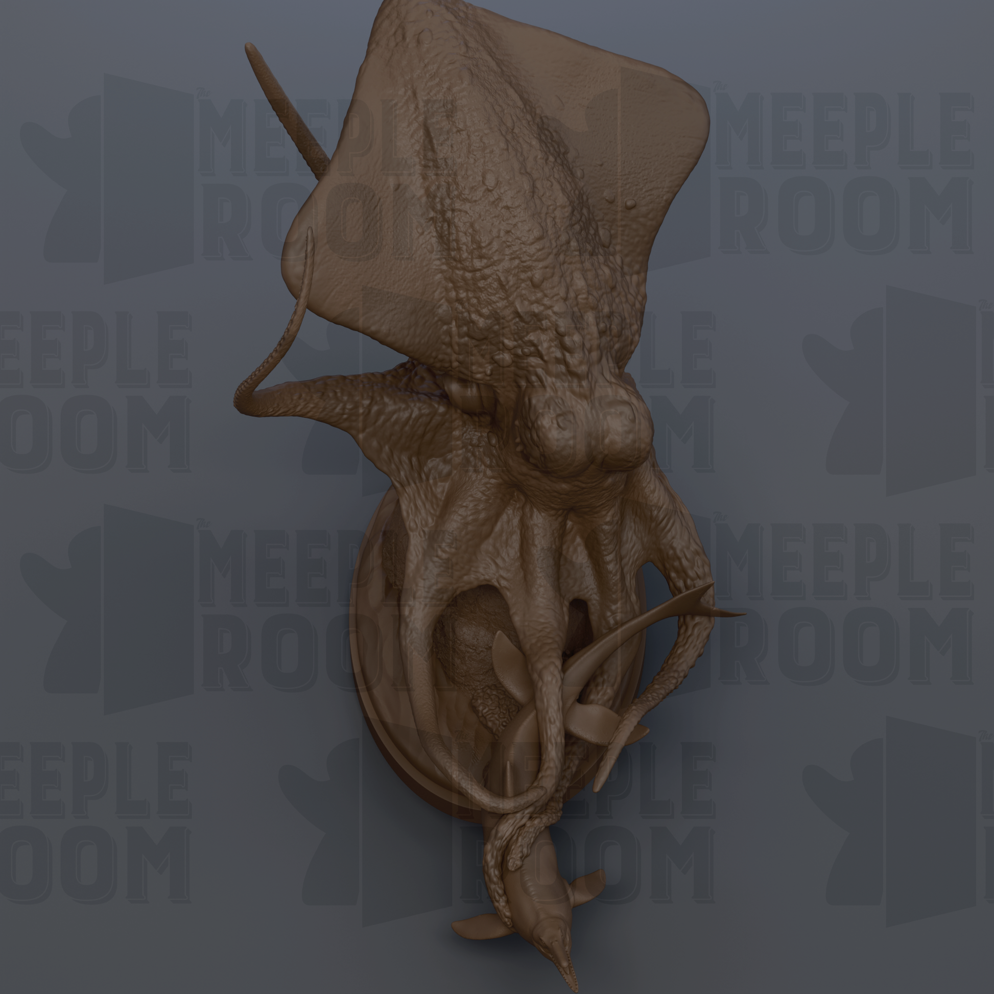 A 3D rendering of a squid or octopus head mounted on a circular base, with the text "MEEPLE ROOM" repeated in the background.