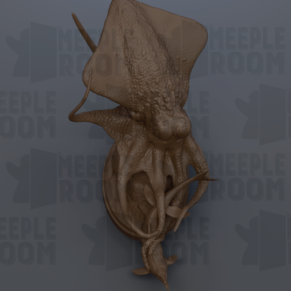 A 3D rendering of a squid or octopus head mounted on a circular base, with the text "MEEPLE ROOM" repeated in the background.