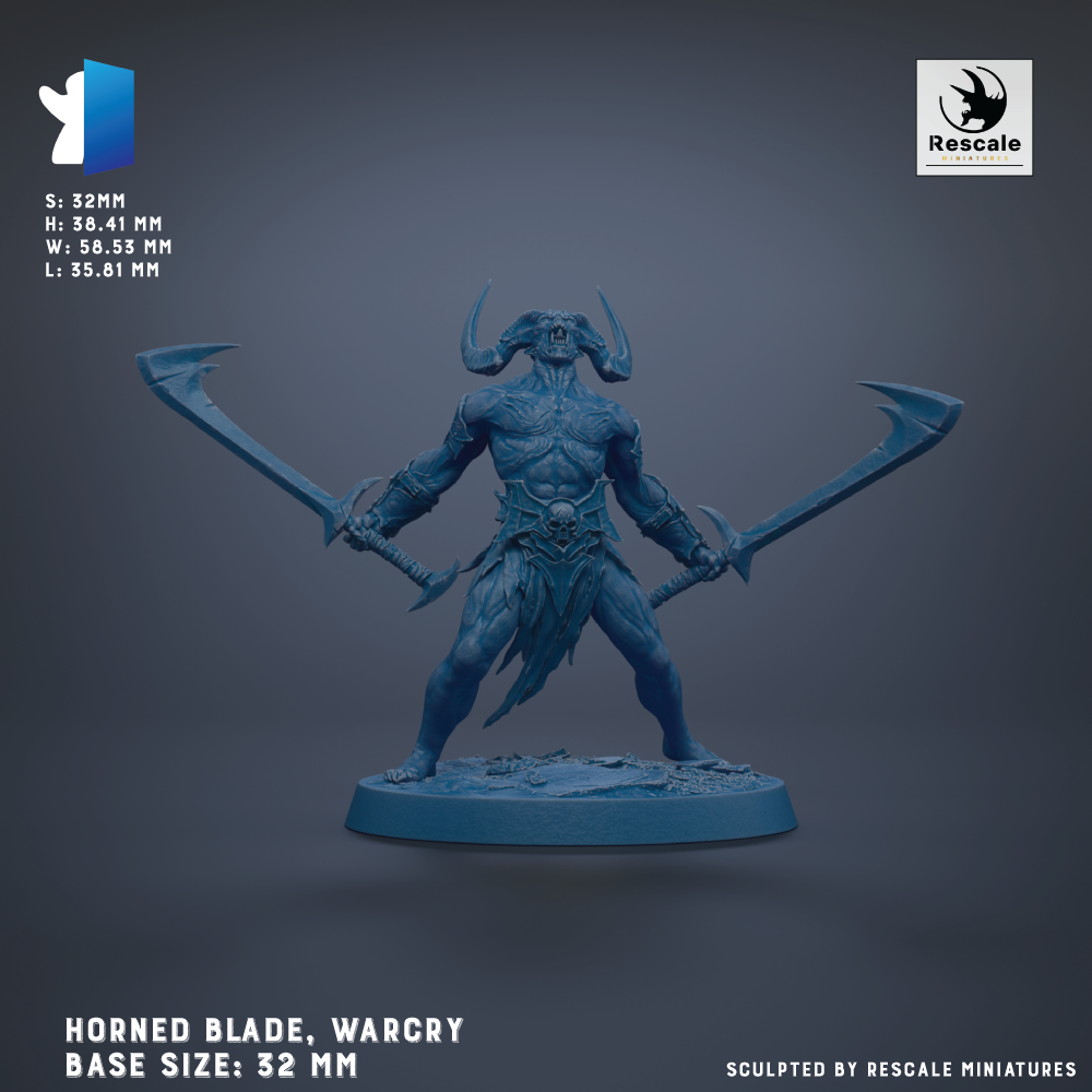 a blue figurine of a horned warrior wielding two large swords, standing on a base.