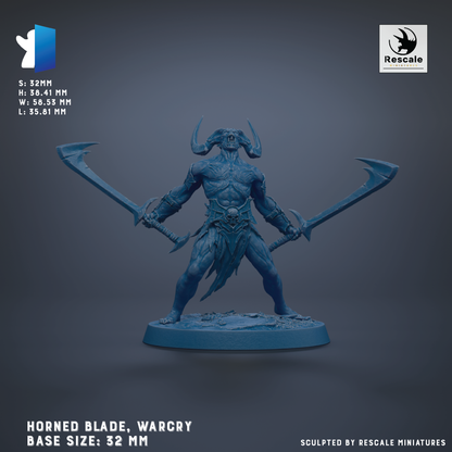 a blue figurine of a horned warrior wielding two large swords, standing on a base.