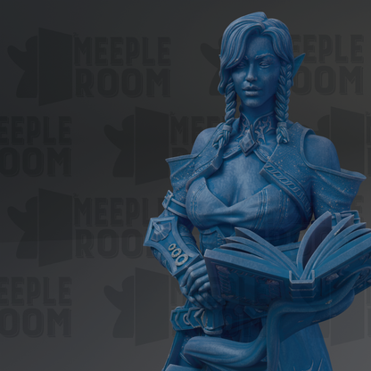 A blue statue of a woman holding a book and sword, with the text "MEUPLE ROOM" repeated in the background.