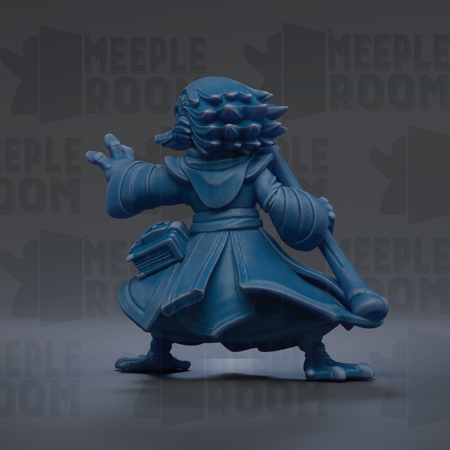 A blue figurine of a character with spiky hair and a flowing robe, holding a staff, is shown against a dark background with repeated text.