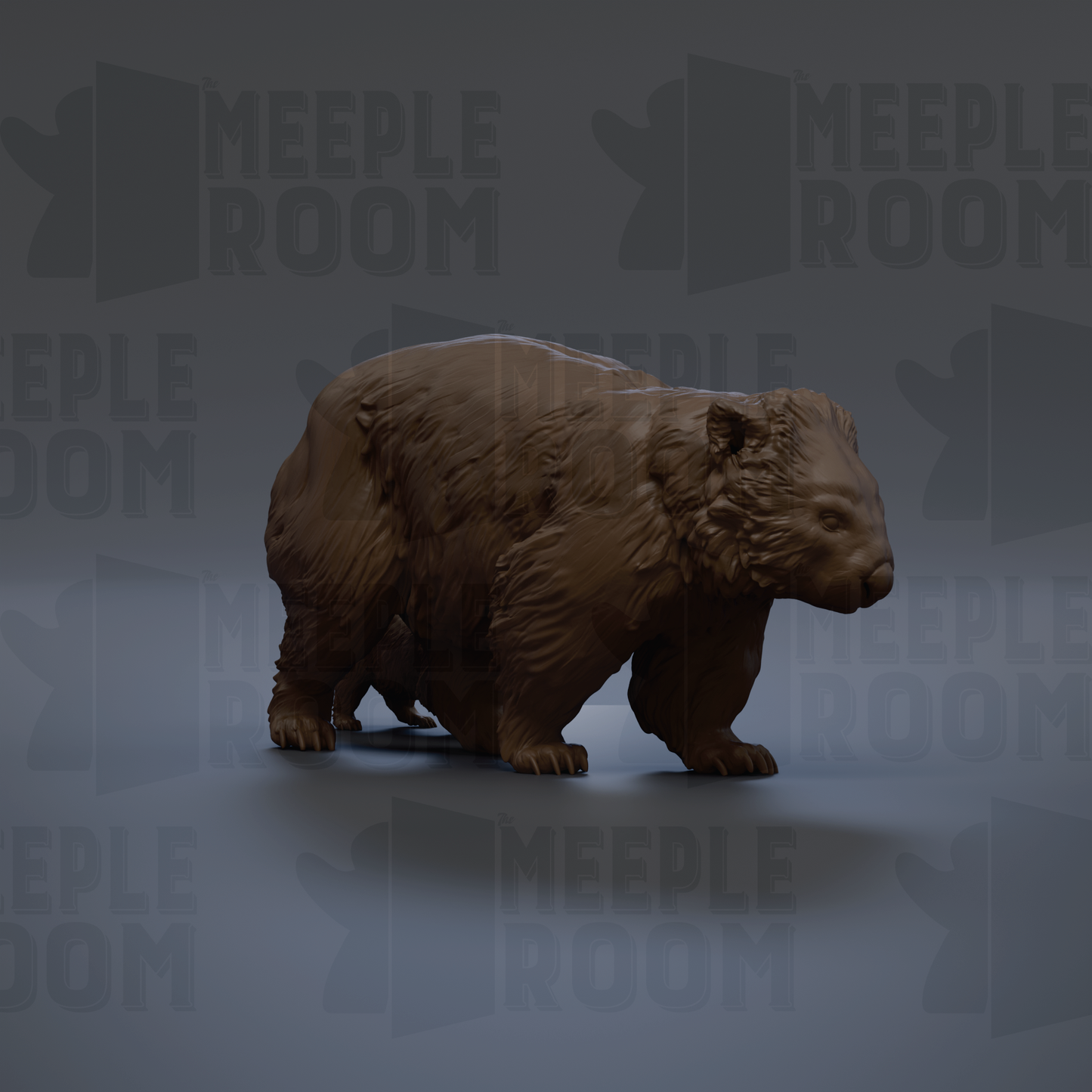 A 3D rendering of a bear statue against a dark background with repeated text.