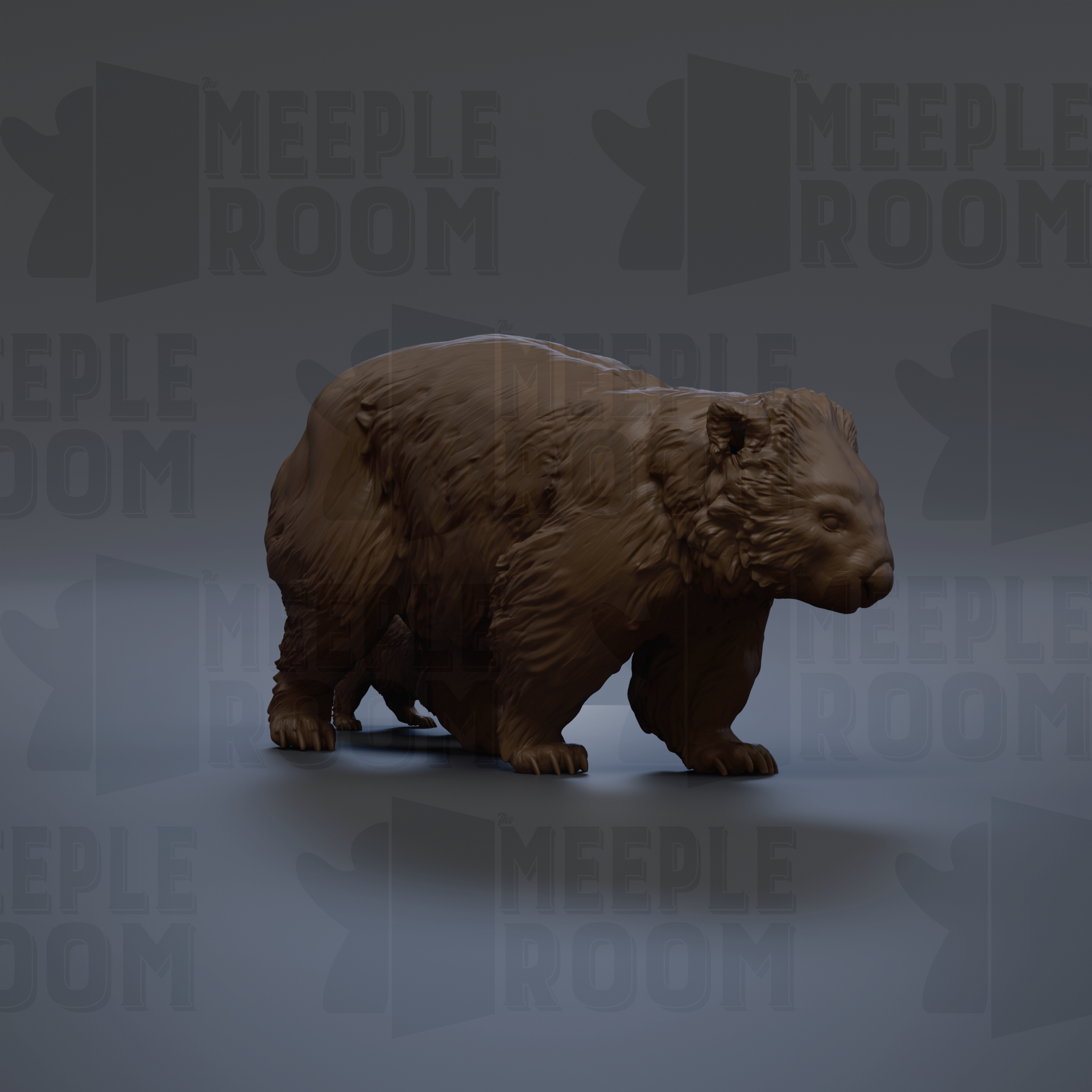 A 3D rendering of a bear statue against a dark background with repeated text.
