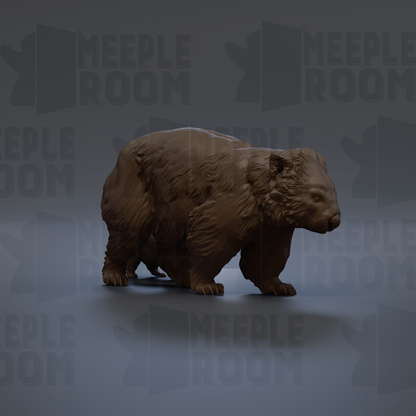 A 3D rendering of a bear statue against a dark background with repeated text.