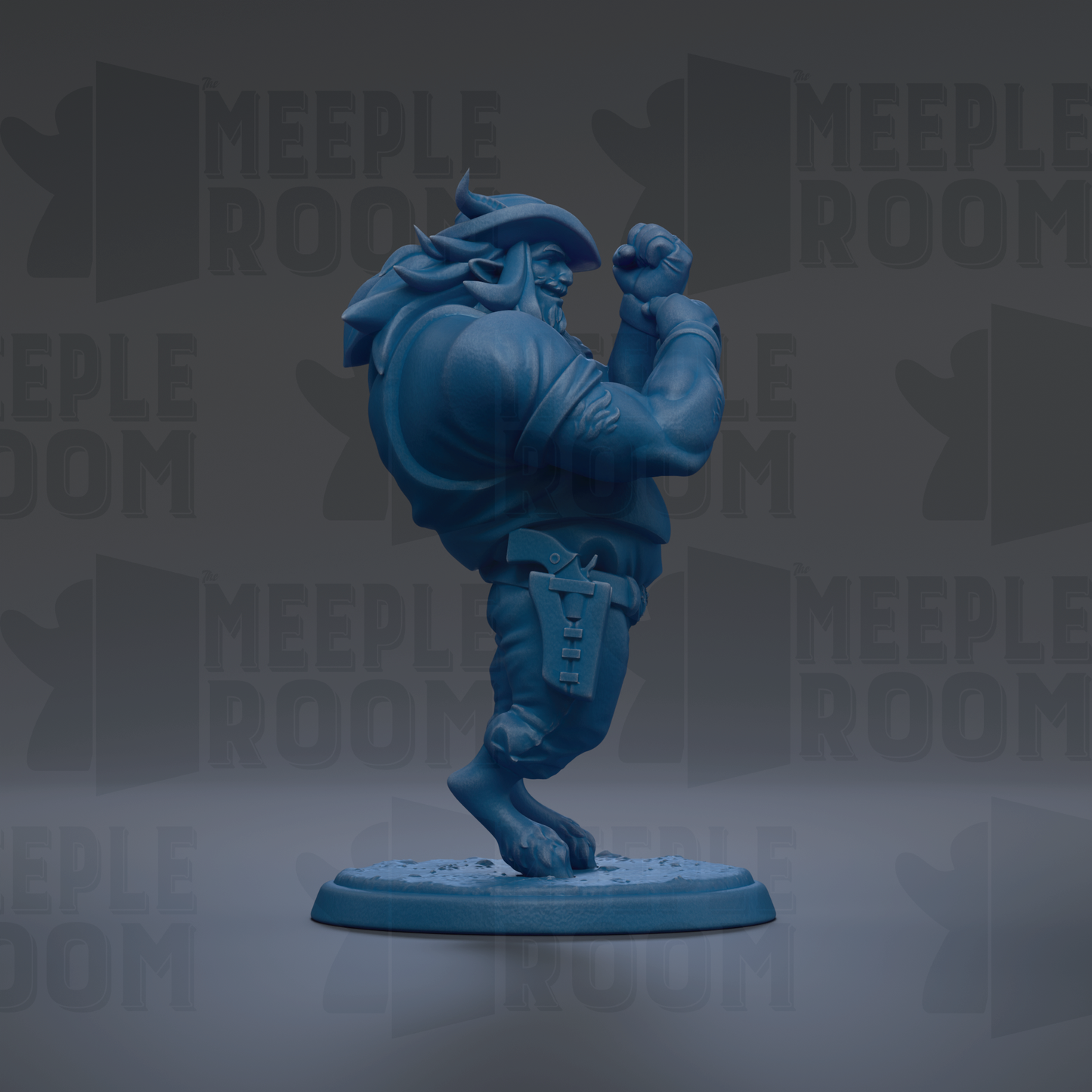 A blue figurine of a muscular, bearded character with a cowboy hat is standing on a base against a dark background with repeated text.