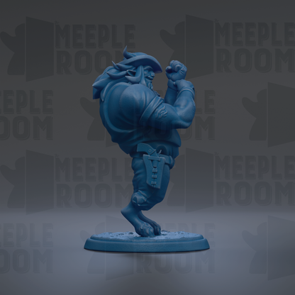 A blue figurine of a muscular, bearded character with a cowboy hat is standing on a base against a dark background with repeated text.