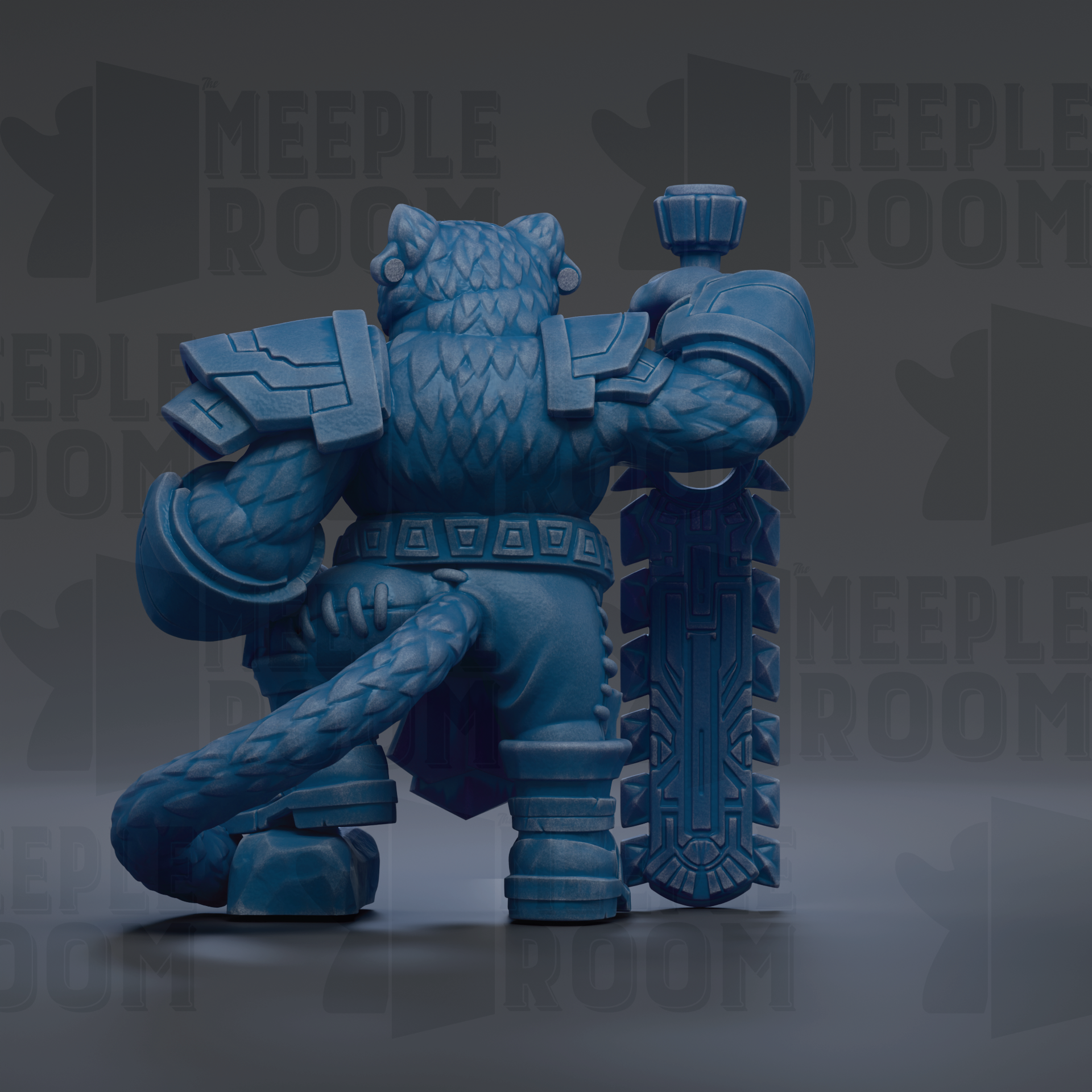 A blue, armored fantasy creature with a large sword and a cat-like head stands in the center of the image against a dark background.