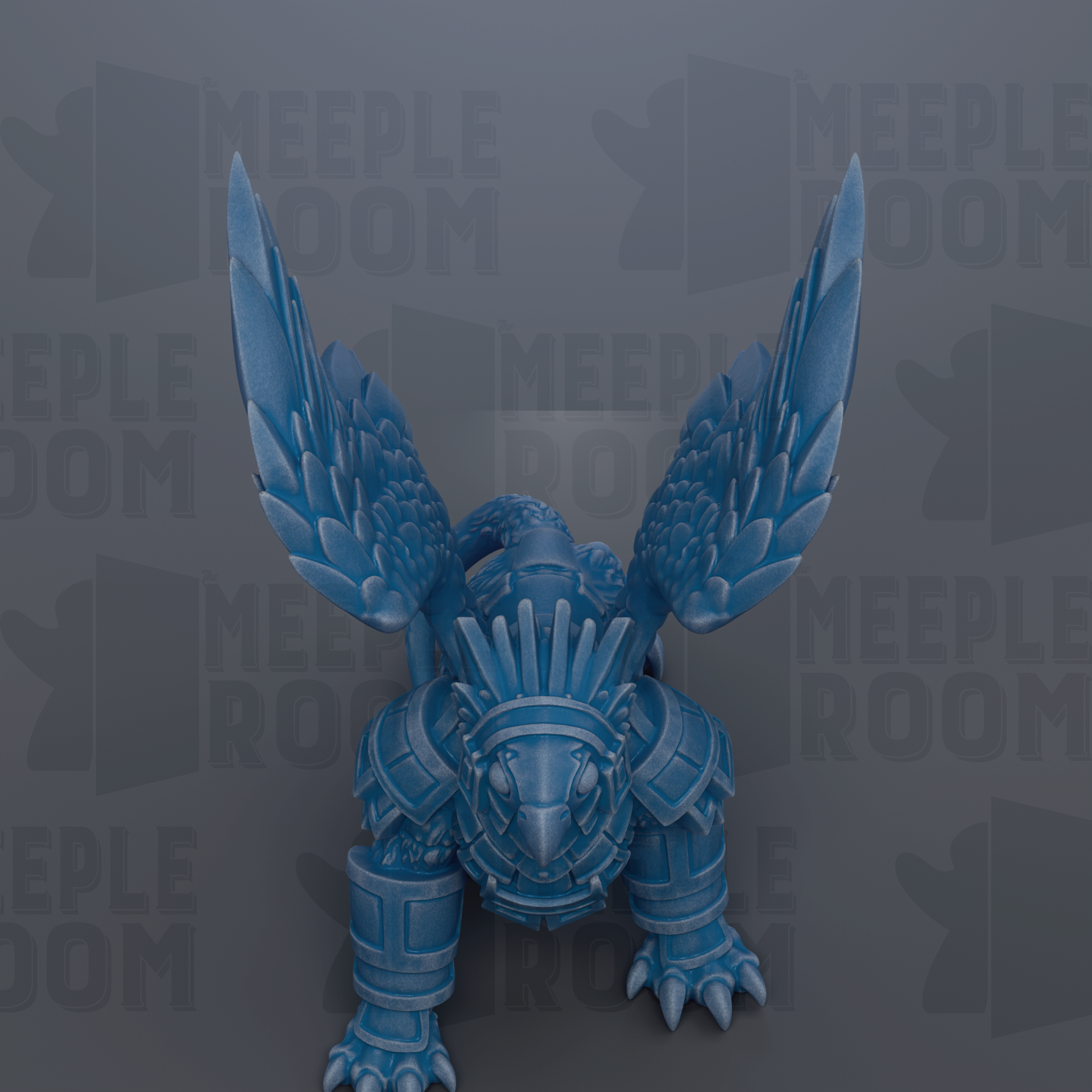 A blue armored creature with wings, standing on a gray background.