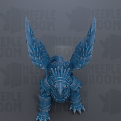 A blue armored creature with wings, standing on a gray background.