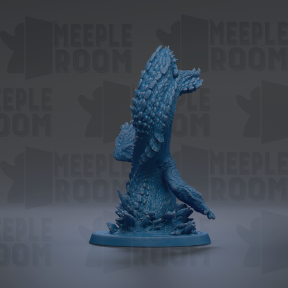 A blue, 3D-rendered figurine of a fantastical creature, possibly a mythical or magical being, is displayed against a dark background with repeated text.