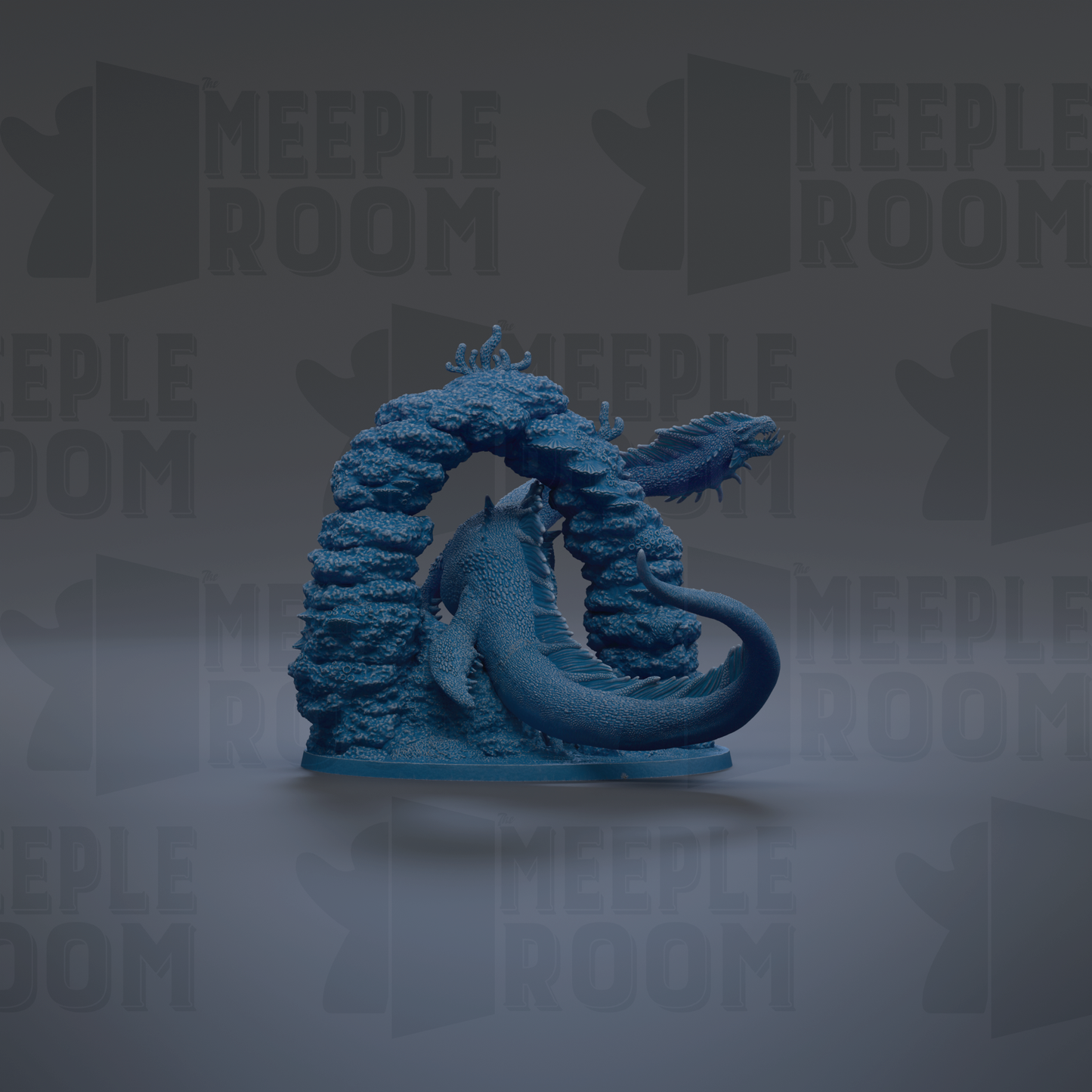 A blue, 3D-rendered creature resembling a dragon or sea monster is prominently featured against a dark background with repeated text.