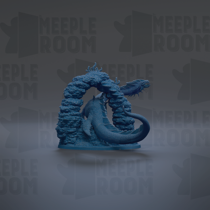 A blue, 3D-rendered creature resembling a dragon or sea monster is prominently featured against a dark background with repeated text.