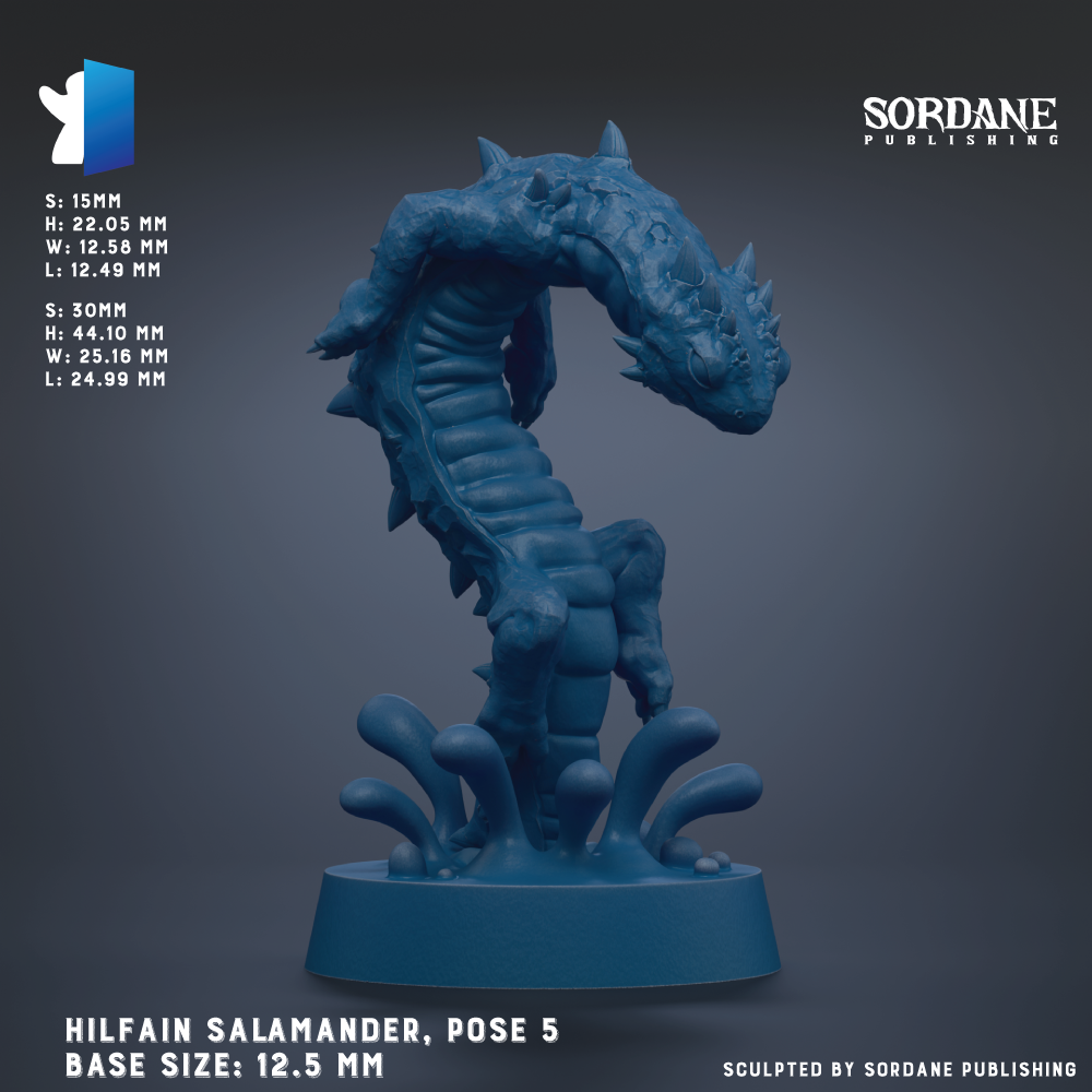 The image is a 3D rendering of a blue, aquatic creature resembling a salamander or sea dragon. The creature is shown in a dynamic pose, with its head and body twisted in an unusual manner. The creature is standing on a base that is described as a "size: 12.5 mm". The image is published by Sordane Publishing.