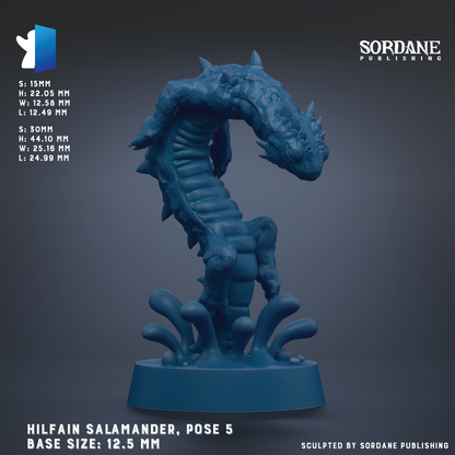 The image is a 3D rendering of a blue, aquatic creature resembling a salamander or sea dragon. The creature is shown in a dynamic pose, with its head and body twisted in an unusual manner. The creature is standing on a base that is described as a "size: 12.5 mm". The image is published by Sordane Publishing.