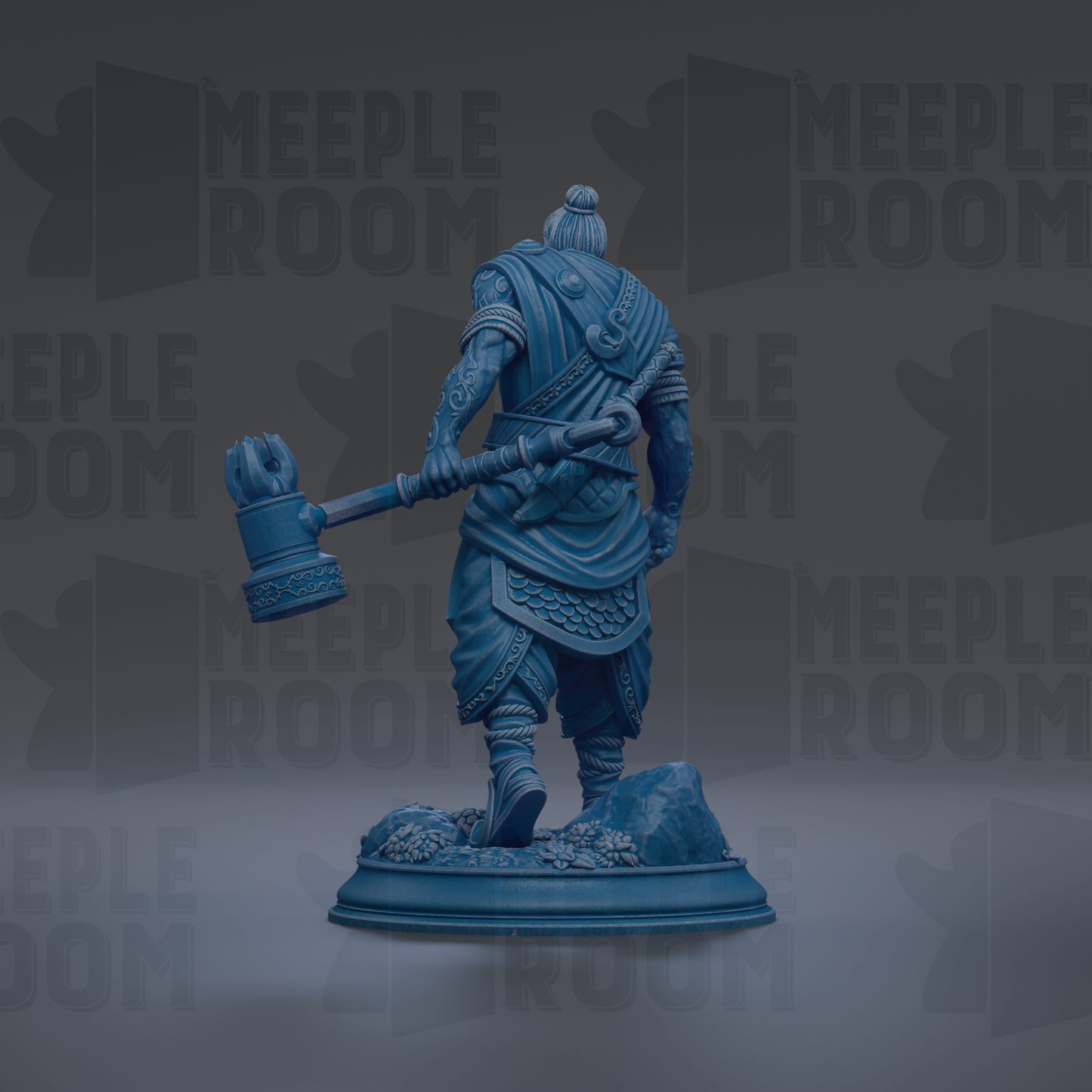 A blue statue of a warrior figure holding a weapon, standing on a pedestal against a dark background with repeated text.