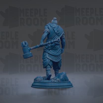 A blue statue of a warrior figure holding a weapon, standing on a pedestal against a dark background with repeated text.